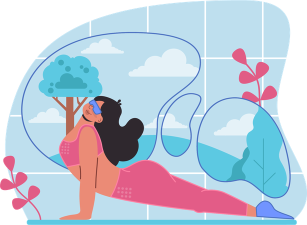 La señora está realizando yoga VR  Ilustración