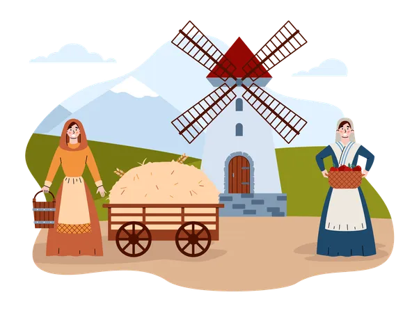 La vida en un pueblo medieval con mujeres campesinas  Ilustración