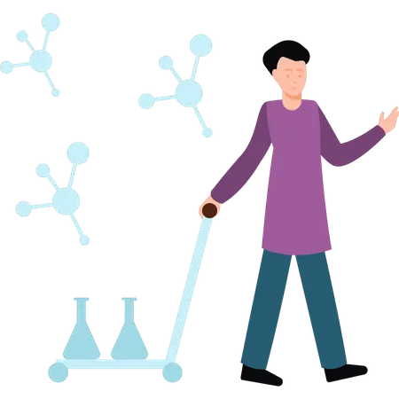Lab assistant carrying chemical flasks  Illustration