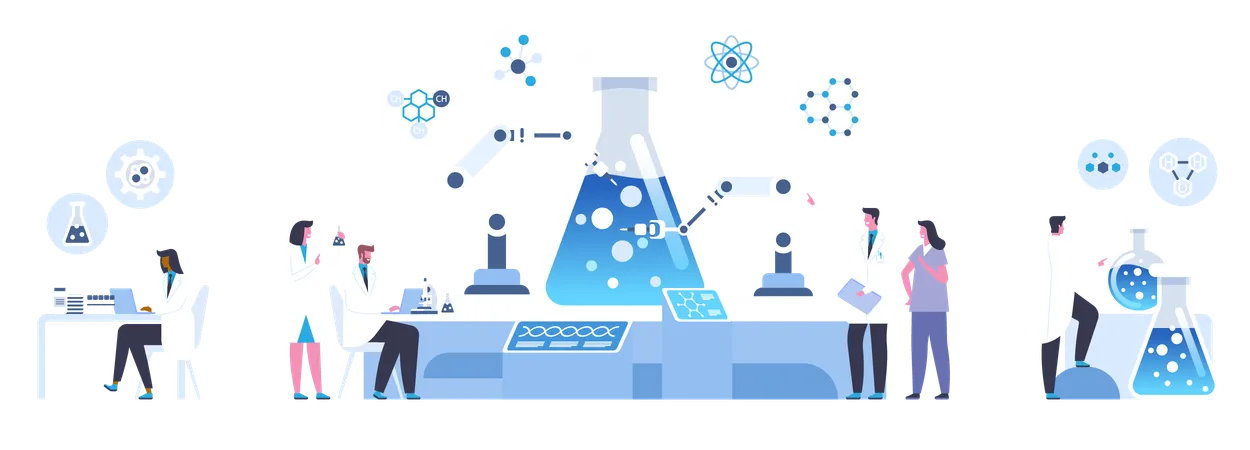 Lab Chemical Experiment Flat Vector Illustration Male And Female Scientists Chemists Cartoon Characters Nanotechnology Microbiology Science Futuristic Medical Innovation Laboratory Research Illustration