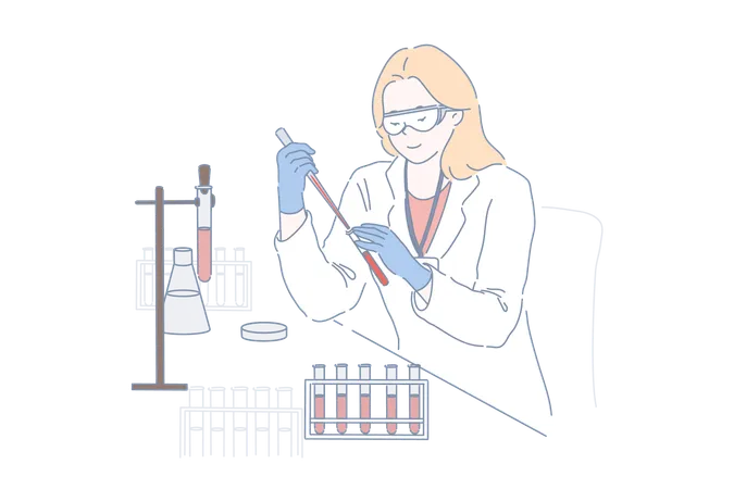 Lab Worker At Work Concept Female Researcher Doctor In Protective Glasses And White Coat Making Blood Test Young Chemist Pharmacologist Studies Samples In Scientific Experiment Simple Flat Vector Illustration