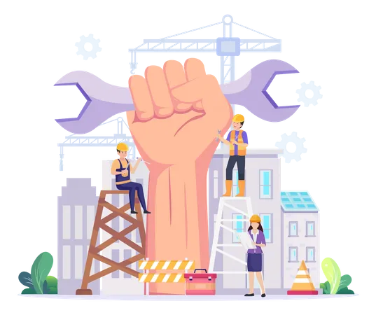 Happy Labour Day On 1 May Vector Illustration Construction Workers Are Working On Building Illustration