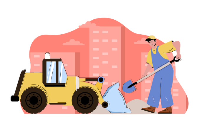 Labor loading sand on bulldozer Illustration