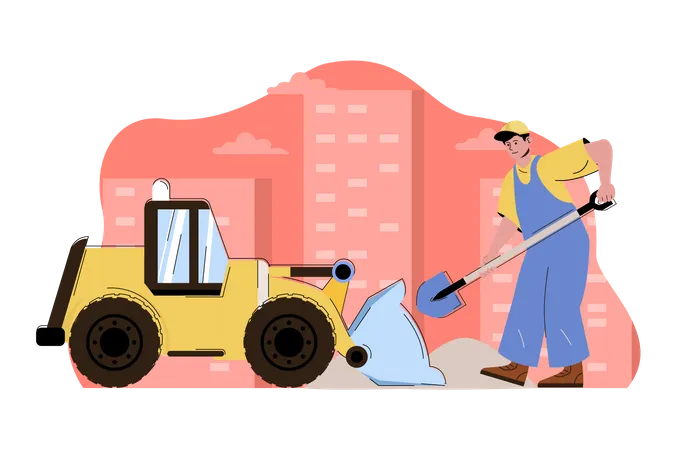 Labor loading sand on bulldozer Illustration