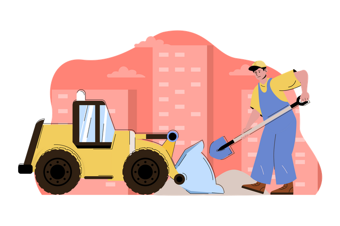 Labor loading sand on bulldozer  Illustration