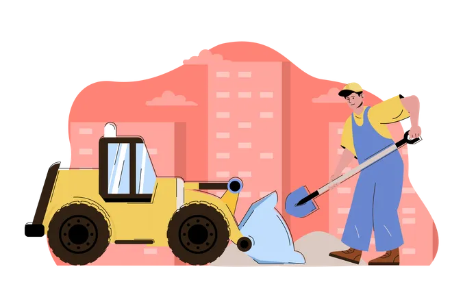 Labor loading sand on bulldozer  Illustration