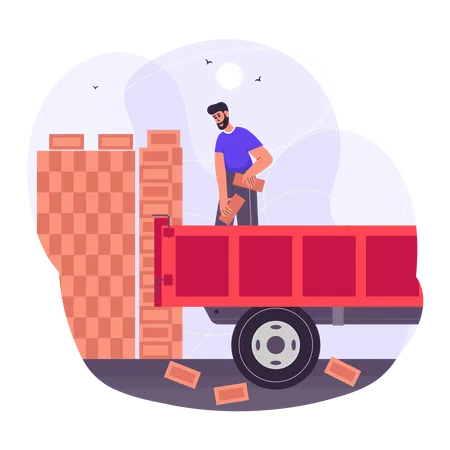 Labor loading the bricks in the construction truck  Illustration