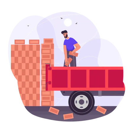 Labor loading the bricks in the construction truck Illustration