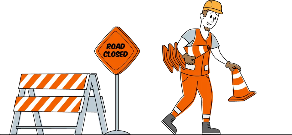 Labor putting safety cone for road workers safety  Illustration