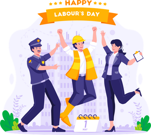 Labor workers are having fun jumping together happily  Illustration