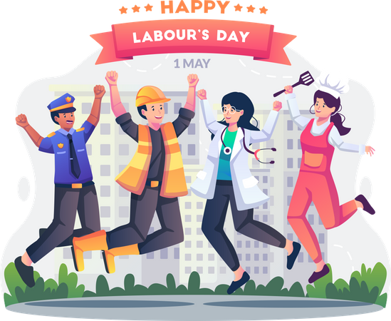 Labor workers in different professions are having fun jumping together happily celebrating Labour day Illustration