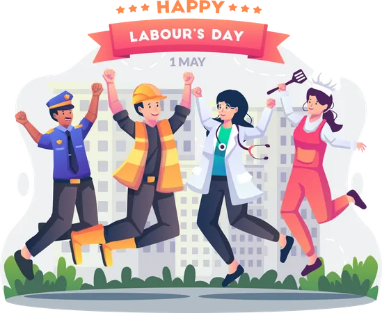 Labor Workers In Different Professions Are Having Fun Jumping Together Happily Celebrating Labour Day On 1 May Flat Style Vector Illustration Illustration