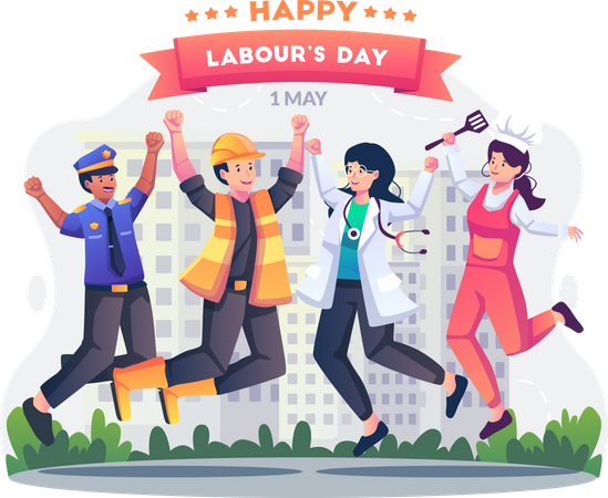 Labor workers in different professions are having fun jumping together happily celebrating Labour day  Illustration