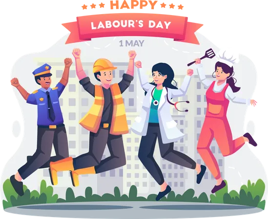 Labor workers in different professions are having fun jumping together happily celebrating Labour day  Illustration