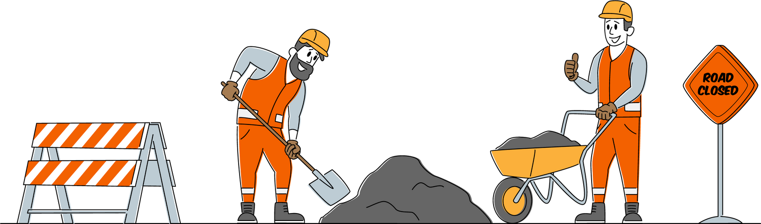 Labor working at a road construction site Illustration