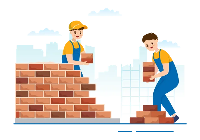 Labor working to build brick wall Illustration