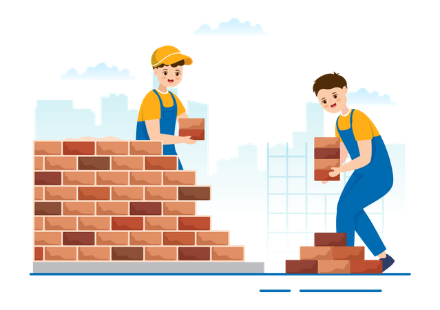 Labor working to build brick wall  Illustration