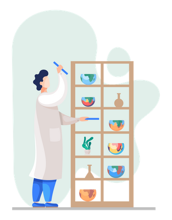 Laborassistent steht neben einem Schrank mit Regalen mit Kolben und Hälften von Globen  Illustration