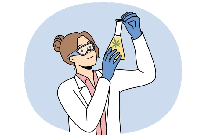 Laborassistentin mit Cannabisöl im Reagenzglas und erforscht die heilenden Eigenschaften von Marihuana  Illustration