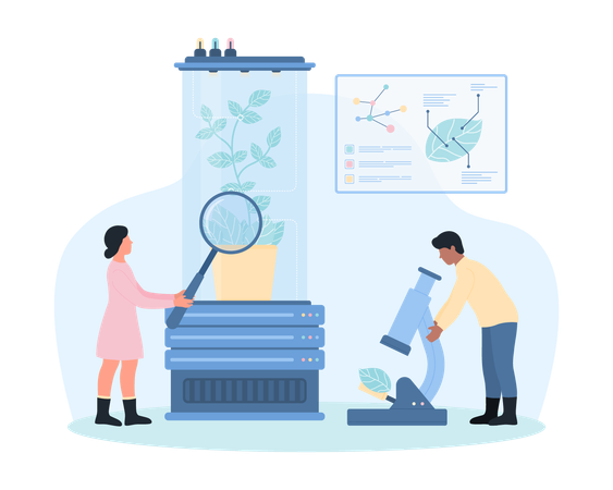 Investigación de laboratorio de biotecnología realizada por un científico con lupa  Ilustración