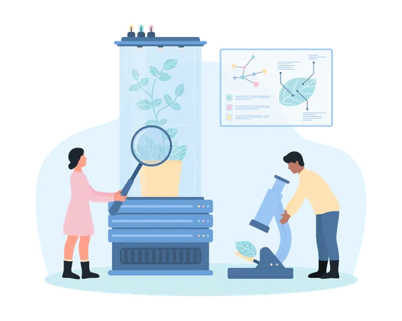 Investigación de laboratorio de biotecnología realizada por un científico con lupa  Ilustración