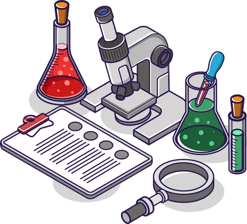 Microscopio de laboratorio experimental y botella de vidrio.  Ilustración