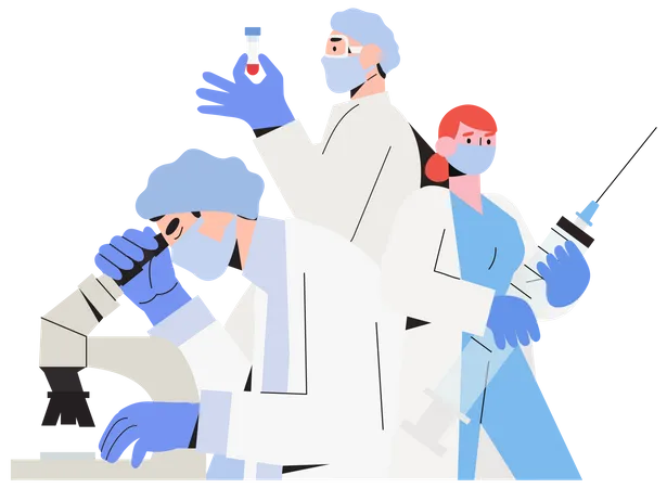 Pesquisa de testes laboratoriais. Profissionais de saúde ou equipe médica criam vacina contra doenças ou vírus.  Ilustração