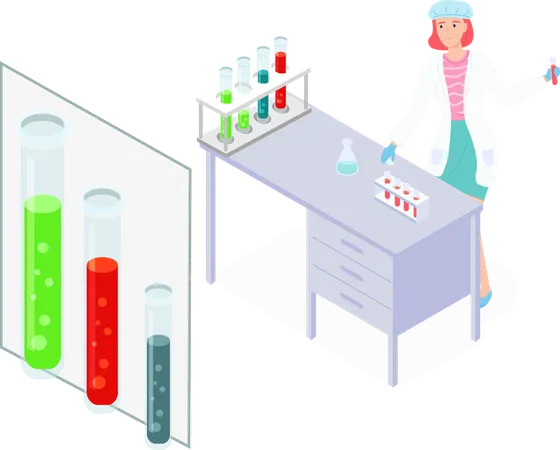 Scientist Woman Wearing White Gown Exploring Elements Making Tests With Flasks And Test Tubes Liquids Laboratory Experiment Research Big Stand With Tubes With Toxic Liquids Laboratory Assistant Illustration