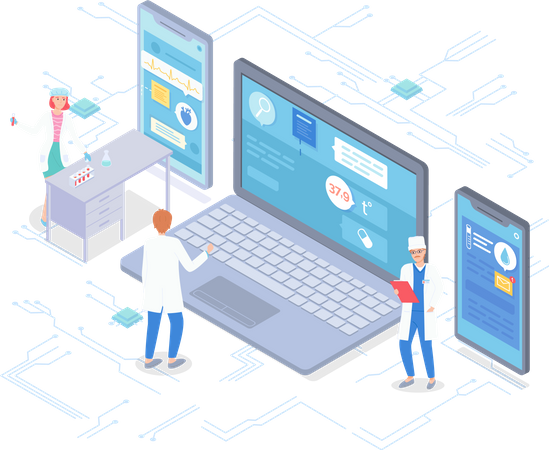 Laboratory assistant and doctors consulting patients remotely via modern devices  Illustration