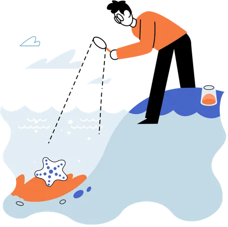 Laboratory assistant conducts experiments with water life and studies environment underwater inhabitants  Illustration