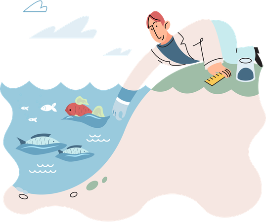 Laboratory assistant conducts experiments with water life and studies environment underwater inhabitants  Illustration