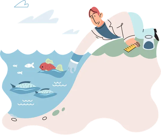 Laboratory assistant conducts experiments with water life and studies environment underwater inhabitants  Illustration