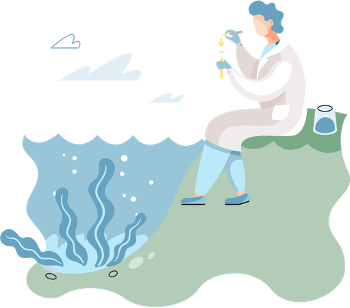 Laboratory assistant conducts experiments with water life and studies environment underwater inhabitants  Illustration