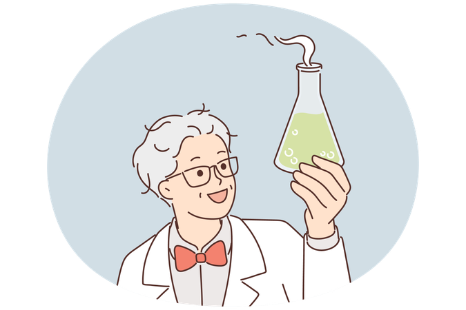 Laboratory assistant holds flask with green fuming liquid while examining chemical reaction  Illustration