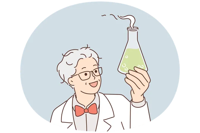Laboratory assistant holds flask with green fuming liquid while examining chemical reaction  Illustration