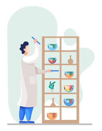 Laboratory assistant stands near a cabinet with shelves with flasks and halves of globes  Illustration