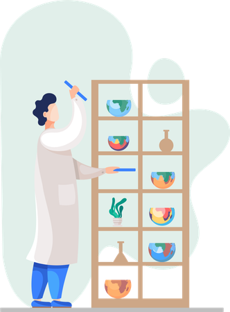 Laboratory assistant stands near a cabinet with shelves with flasks and halves of globes  Illustration