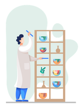 Laboratory assistant stands near a cabinet with shelves with flasks and halves of globes Illustration