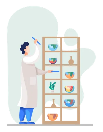 Laboratory assistant stands near a cabinet with shelves with flasks and halves of globes Illustration