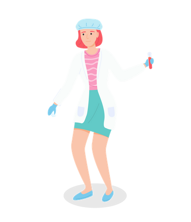 Laboratory assistant woman holding flask with blood sample in hand  Illustration