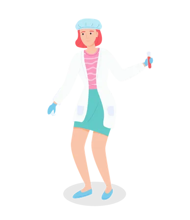 Laboratory assistant woman holding flask with blood sample in hand  Illustration