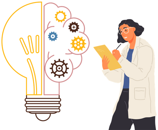 Laboratory assistant works with business creative plan, create idea of new project, planning startup  Illustration