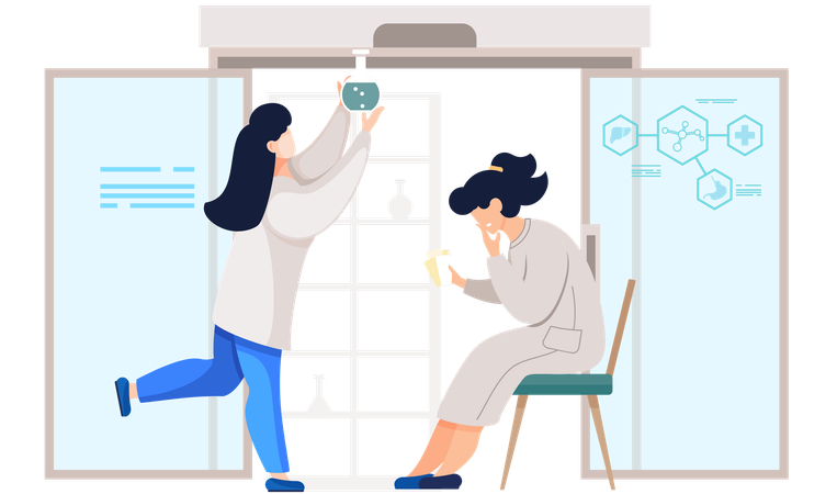 Laboratory assistants chemists with test tube and flask  Illustration