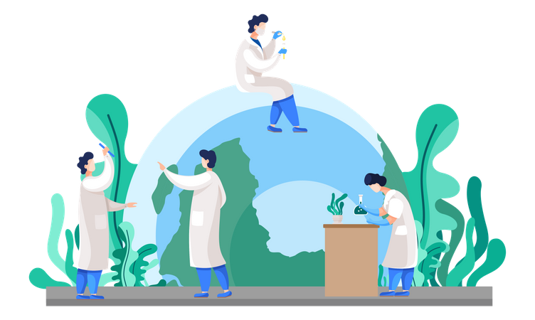 Laboratory assistants conduct experiments with plants Illustration