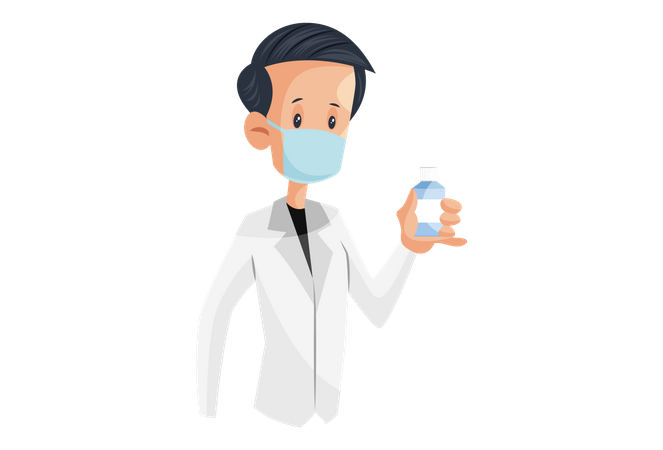 Laboratory boy holding medicine bottle in a hand  Illustration