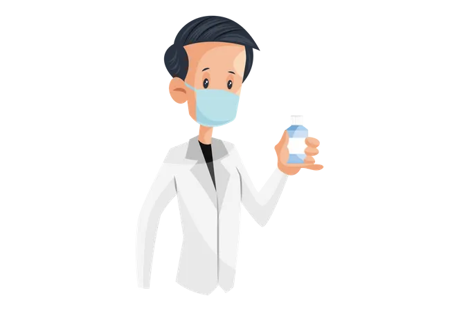 Laboratory boy holding medicine bottle in a hand  Illustration