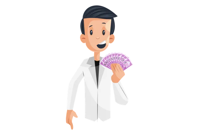 Laboratory boy is holding Indian rupees in hand  Illustration