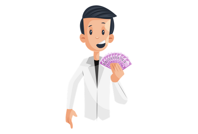 Laboratory boy is holding Indian rupees in hand  Illustration