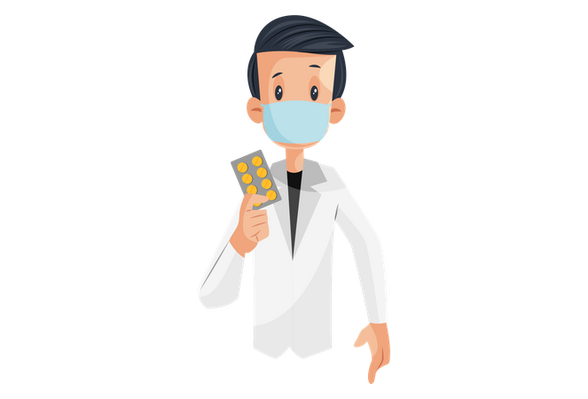 Laboratory boy is holding medicine in hand  Illustration