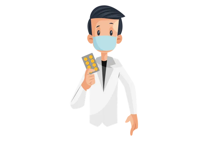 Laboratory boy is holding medicine in hand  Illustration